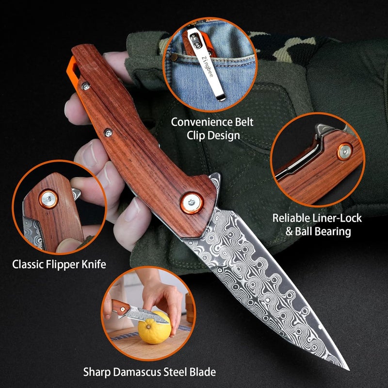 Zingbee Damascus Pocket Knife for Men Women 3.03" Damascus Blade Folding Knife for EDC Outdoor Fishing Camping Hiking Wooden Handle Pocket Knives with Leather Sheath - Image 4